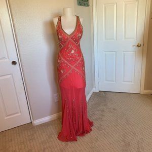 Coral Cache Beaded  Evening Gown